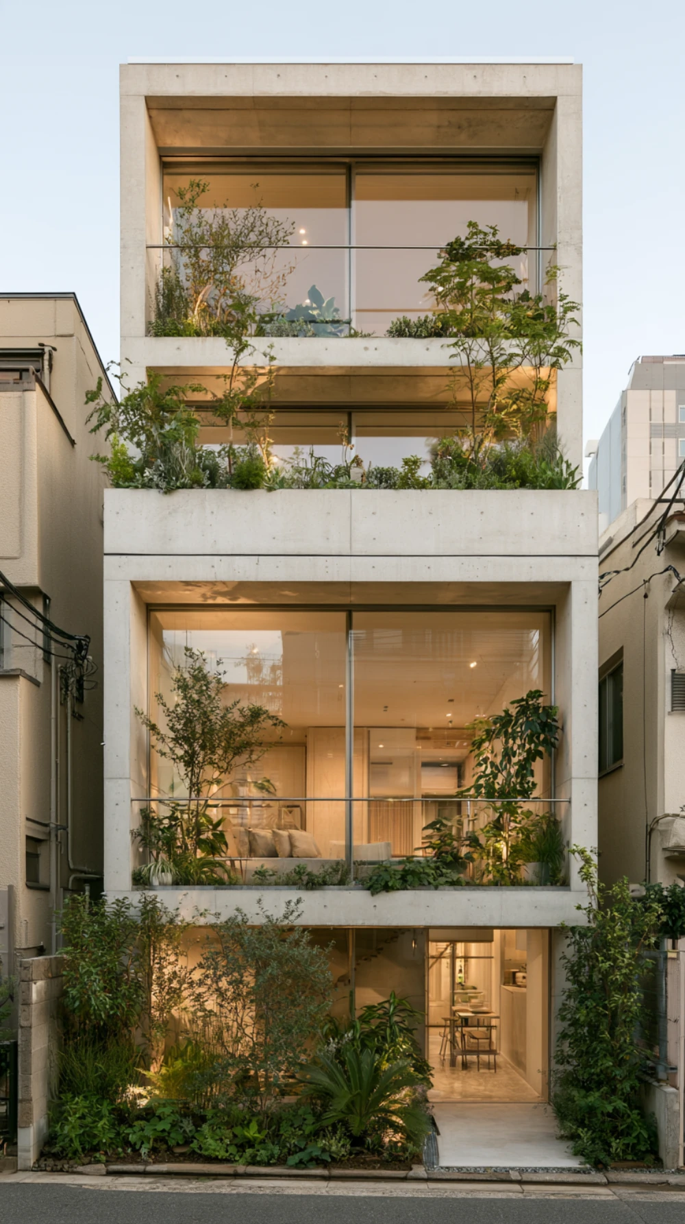 Tokyo townhouse with planted balconies, alternating with a watercolour illustration of the same building